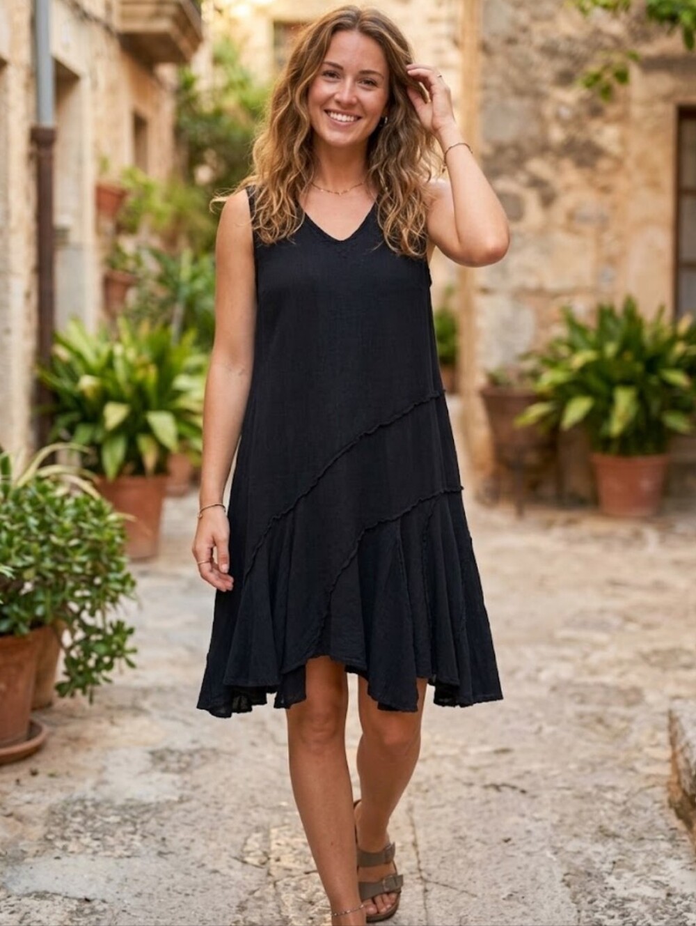 Oh My Gauze Black Cotton Midi Dress Tiered Asymmetrical Hem Sleeveless V-Neck L